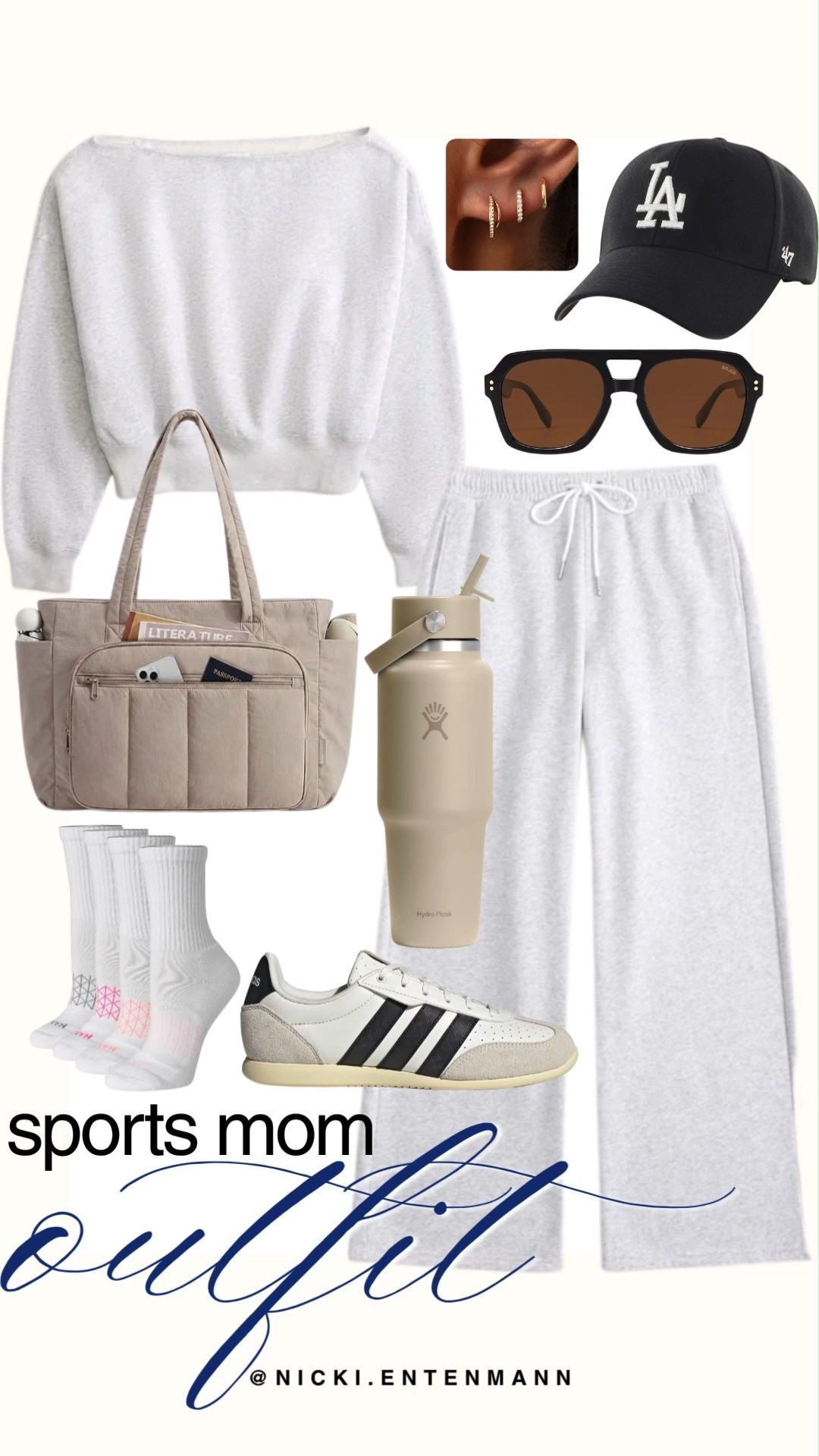 Cheer from the sidelines in ultimate comfort with this effortless sports mom outfit formula. Pair a cozy grey oversized sweatshirt with matching wide-leg sweatpants for a clean, coordinated lounge look. Finish the ensemble with classic low-top sneakers, a black LA baseball cap, aviator sunglasses, a spacious quilted tote bag, and a sleek Hydro Flask to stay hydrated all game long.

#sportsmom #momstyle #sidelinechic #gamedayoutfit #athleisure #comfystyle #everydayoutfit #sportychic #momuniform #hydroflask 

 #LTKootd #LTKmomlife #LTKSaleAlert