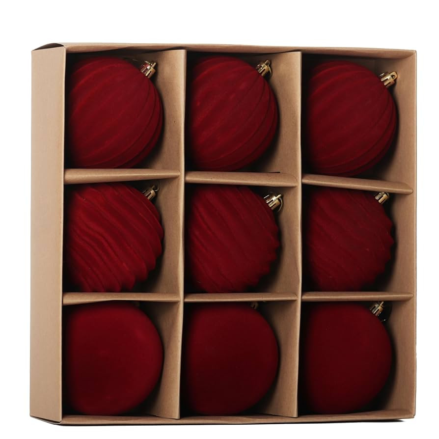 Senjie 3.94 inch Burgundy Velvet Christmas Ornaments Balls Flocked Christmas Tree 9PCS Plastic Ba... | Amazon (US)