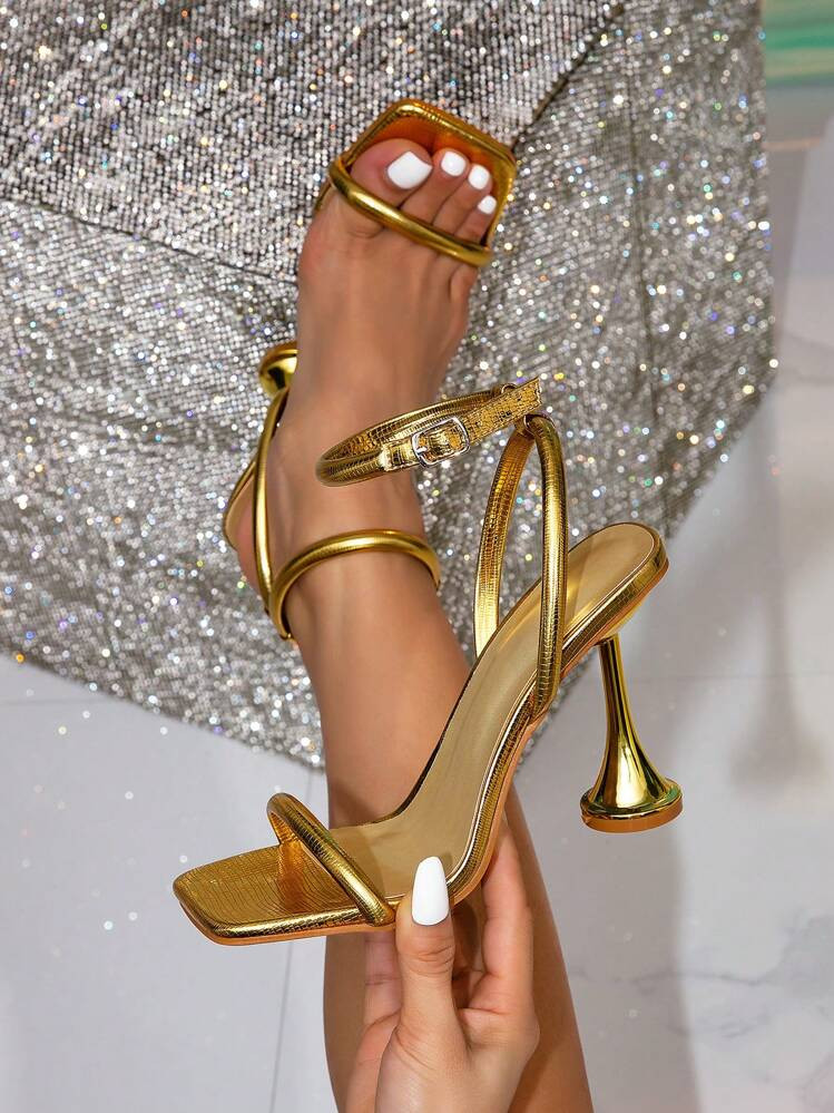 Womens square toe gold buckle strap decorated elegant party high heel  | SHEIN