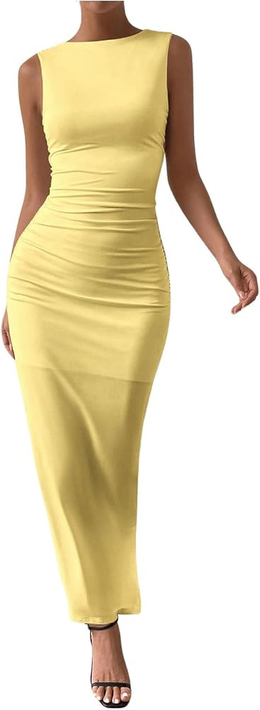 Milumia Women's Sleeveless Boat Neck Ruched Bodycon Maxi Dress Cocktail Long Dresses Elegant | Amazon (US)