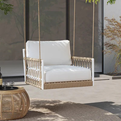 Free Shipping on Ropipe Boho Khaki Woven Rope Outdoor Patio Swing Sofa Arm Chair with White Cushi... | Homary