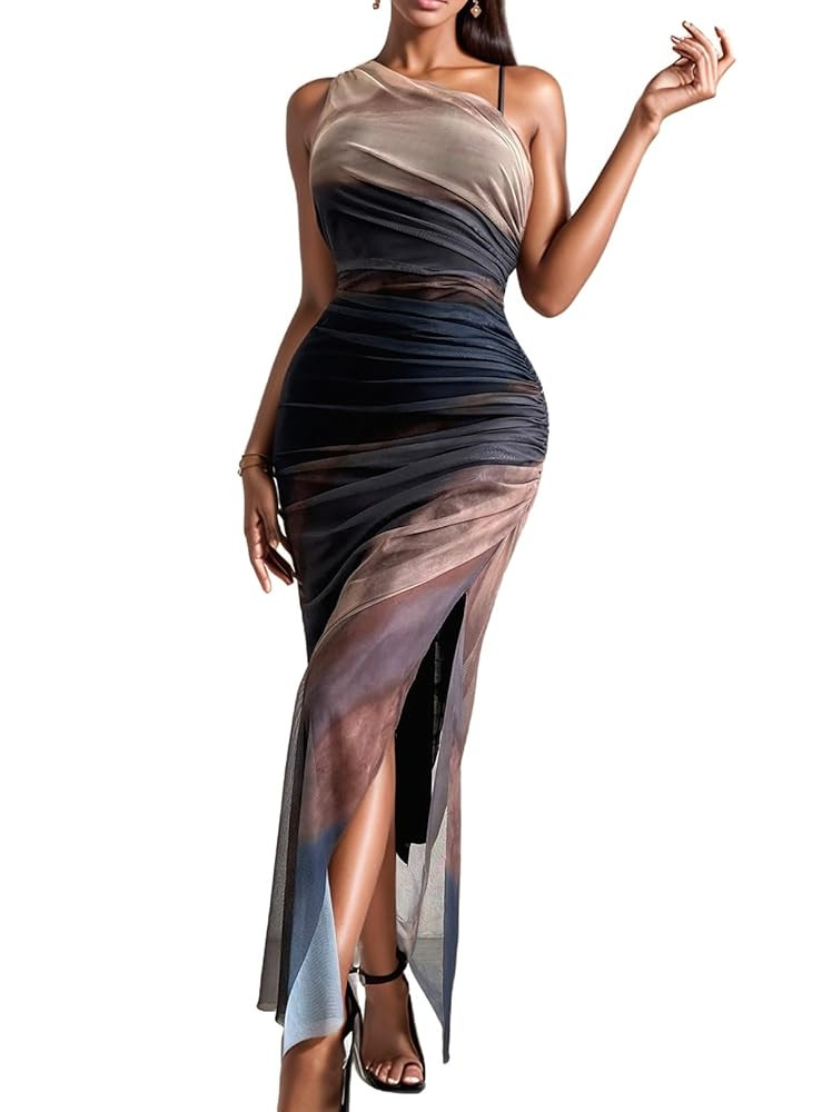 WDIRARA Women's One Shoulder Mesh Ruched Maxi Dress Tie Dye High Slit Bodycon Dresses | Amazon (US)