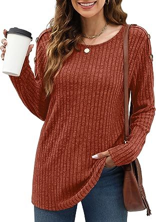 WIHOLL Womens Fashion Tunic Tops Long Sleeve Crew Neck Shirts Shoulder Button Sweater Trend Now 2... | Amazon (US)