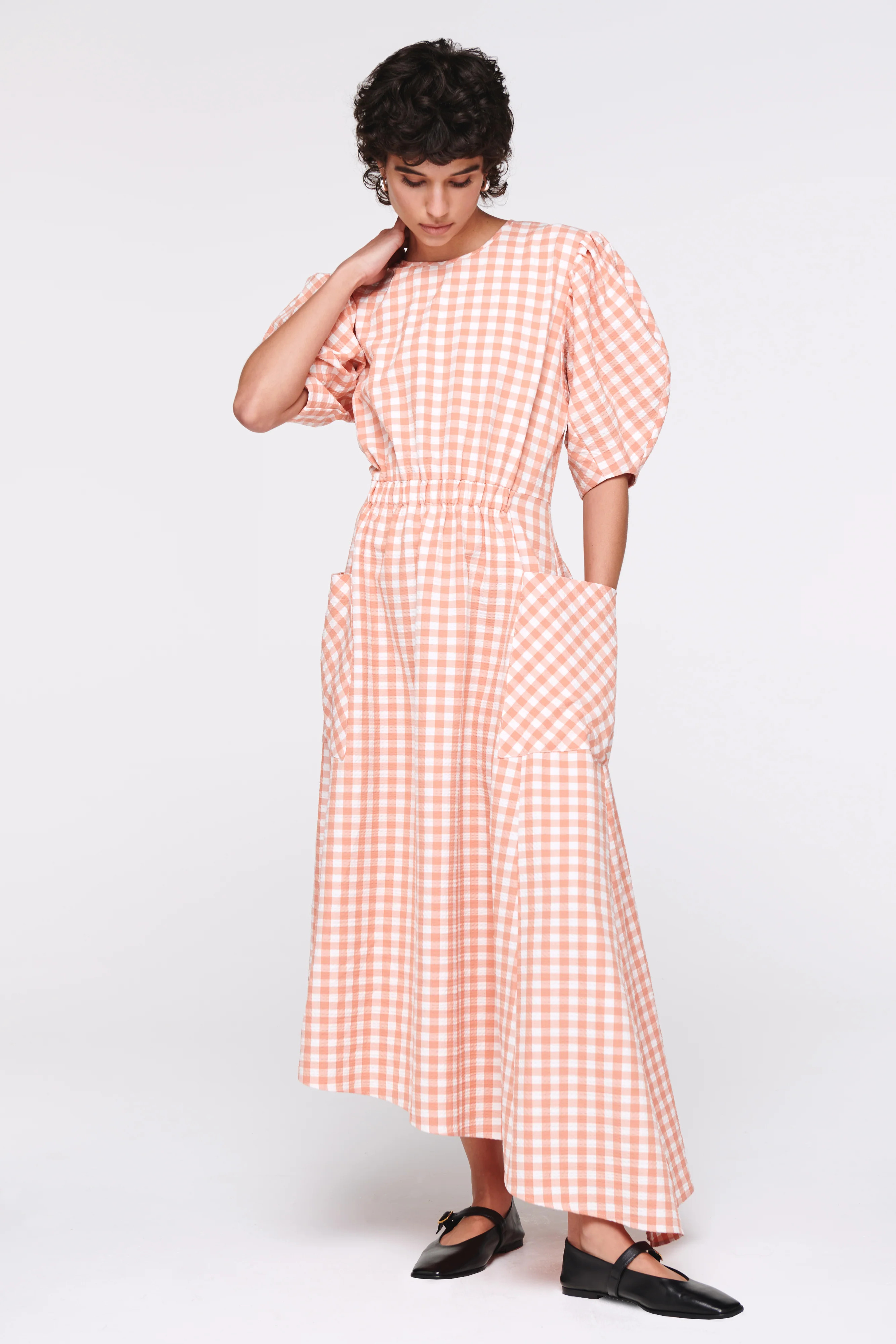 Harlin | Dress with Curve Sleeve in Coral Check | ALIGNE | Aligne UK