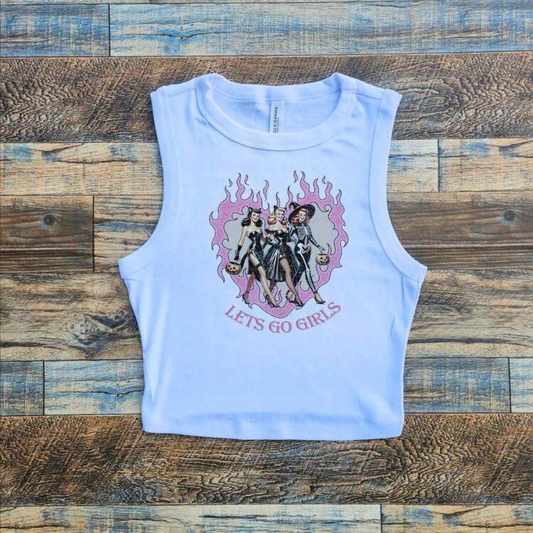 Retro Trick Or Treat Halloween Squad Graphic Crop Tank Ghost Black Cat Spooky Movie Fan Women Top... | SHEIN