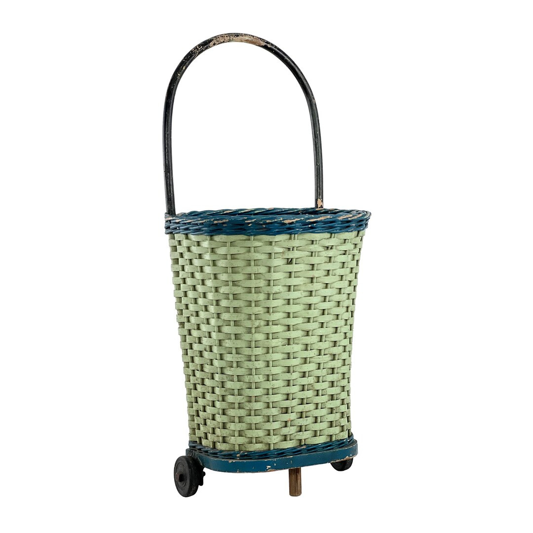 Vintage 1950s Painted Green & Blue Wheeled Wicker Shopping Basket Trolley - Etsy | Etsy (US)