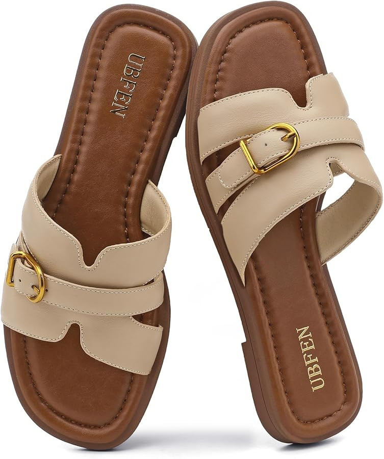 UBFEN Womens Flat Sandals Comfortable Dressy Slides Open Toe Slip On Beach Vacation Summer Casual | Amazon (US)