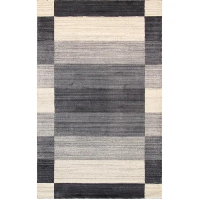 Striped Handmade Hand Loomed Rectangle 7'9" x 9'9" Wool/Cotton Area Rug in Gray/Black/Ivory | Wayfair North America