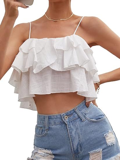 SheIn Women's Summer Layered Ruffle Trim Camisole Sleeveless Zipper Cami Crop Top | Amazon (US)