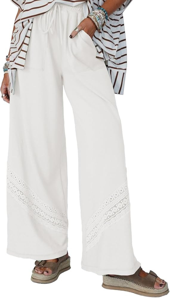SHEWIN Womens Boho Wide Leg Pants Lace Casual Drawstring Elastic Waist Summer Spring 2026 Beach V... | Amazon (US)