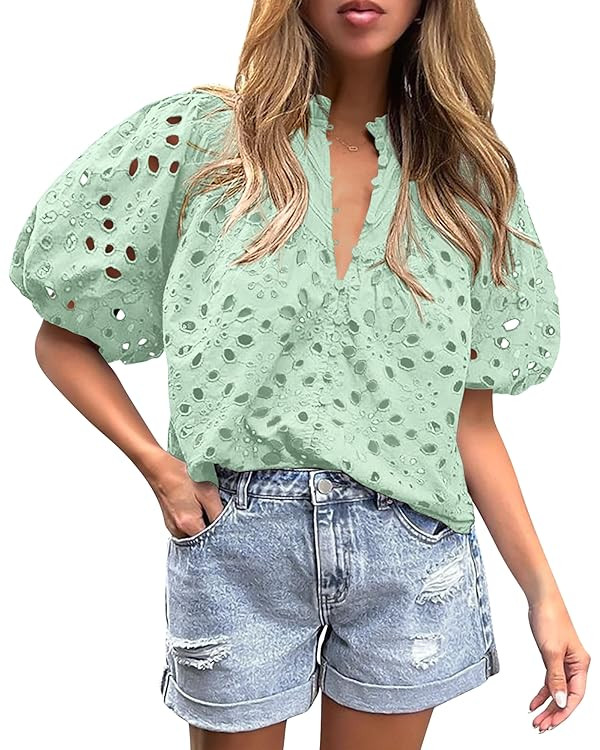 PRETTYGARDEN Womens Hollow Out Lace Embroidered Blouse | Amazon (US)