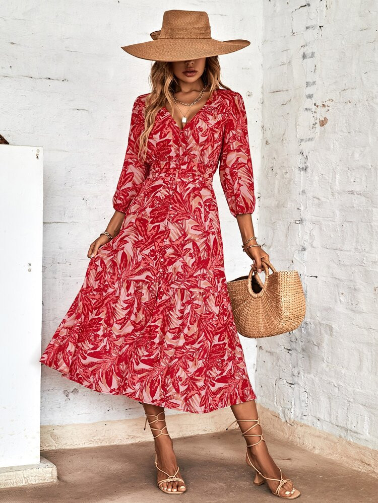 Floral Print Lantern Sleeve Ruffle Hem Dress | SHEIN