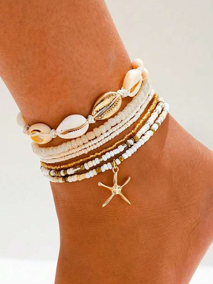 7-Pcs/Set Western Summer Vacation Ocean Beach Style Golden Starfish Shell Faux Pearl Turtle Women... | SHEIN
