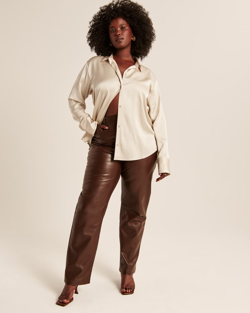 Long-Sleeve Oversized Satin Button-Up Shirt | Abercrombie & Fitch (US)