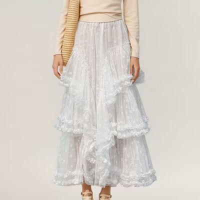 Anna-Kaci Women's Tiered Lace Maxi Skirt with Ruffled Layers and Sheer Floral Embroidery - Small, White | Target