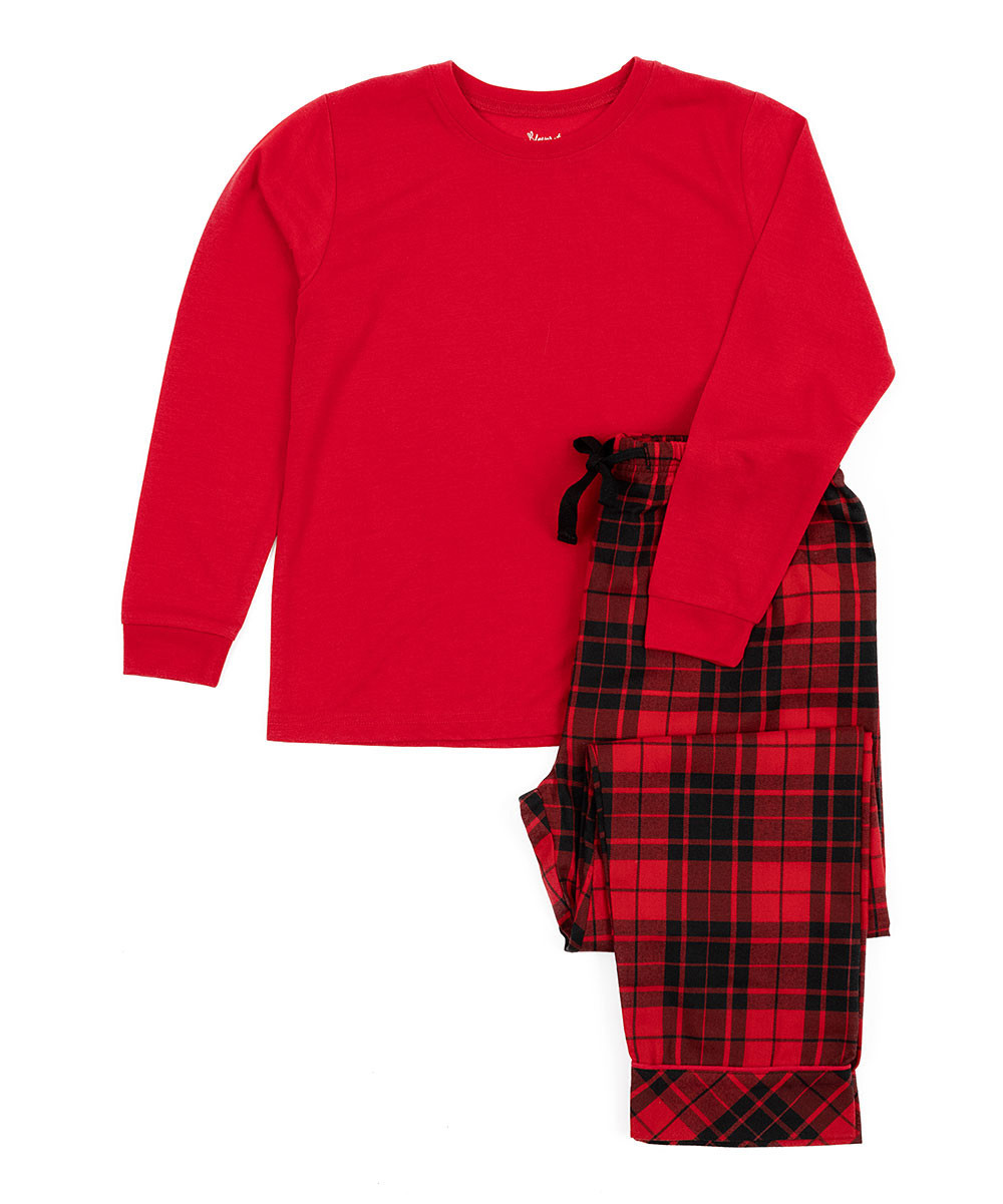 Leveret Sleep Bottoms Red - Black & Red Plaid Flannel Pajama Pants & Red Top - Kids | Zulily