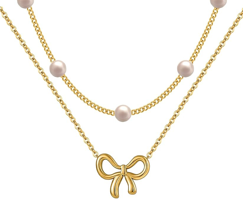 18K Gold Plated Satellite Pearl & Bow Pendant Necklace for Women, Adjustable Layered Choker Chain... | Amazon (US)