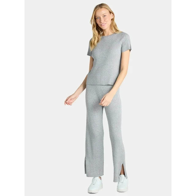 Time and Tru Women's Ribbed Sweater Top and Wide Leg Pants Set, 2-Piece, Sizes XS-XXXL - Walmart.... | Walmart (US)