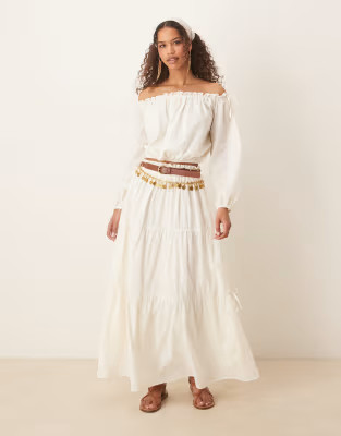 ASOS DESIGN boho tie side tiered maxi skirt in ecru | ASOS (Global)