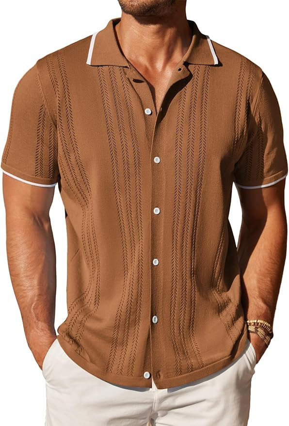 COOFANDY Men's Knit Button Down Shirt Vintage Short Sleeve Polo Shirts Casual Beach Tops | Amazon (US)