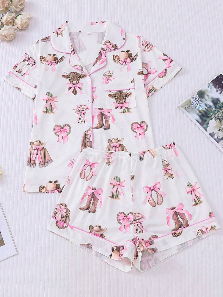 2pcs Western Pattern Printed Sleepwear Set, Short Sleeve Shirt Collar Button Top And Elastic Waist Shorts, Stylish And Fashionable Outfit, Suitable For Holiday Party, Casual Wear, Indoor And Outdoor For Women | SHEIN
