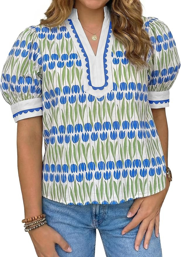 Tankaneo Womens Puff Sleeve Floral Blouse Tops Summer Dressy Casual V Neck Shirts Color Block Loo... | Amazon (US)