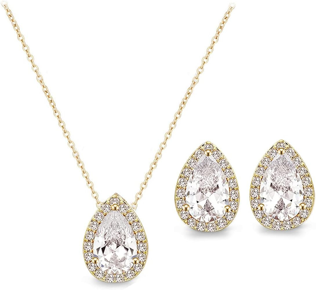 UDYLGOON Cubic Zirconia Teardrop Earrings Necklace Bracelet Jewelry Set For Bride Bridesmaids Bri... | Amazon (US)