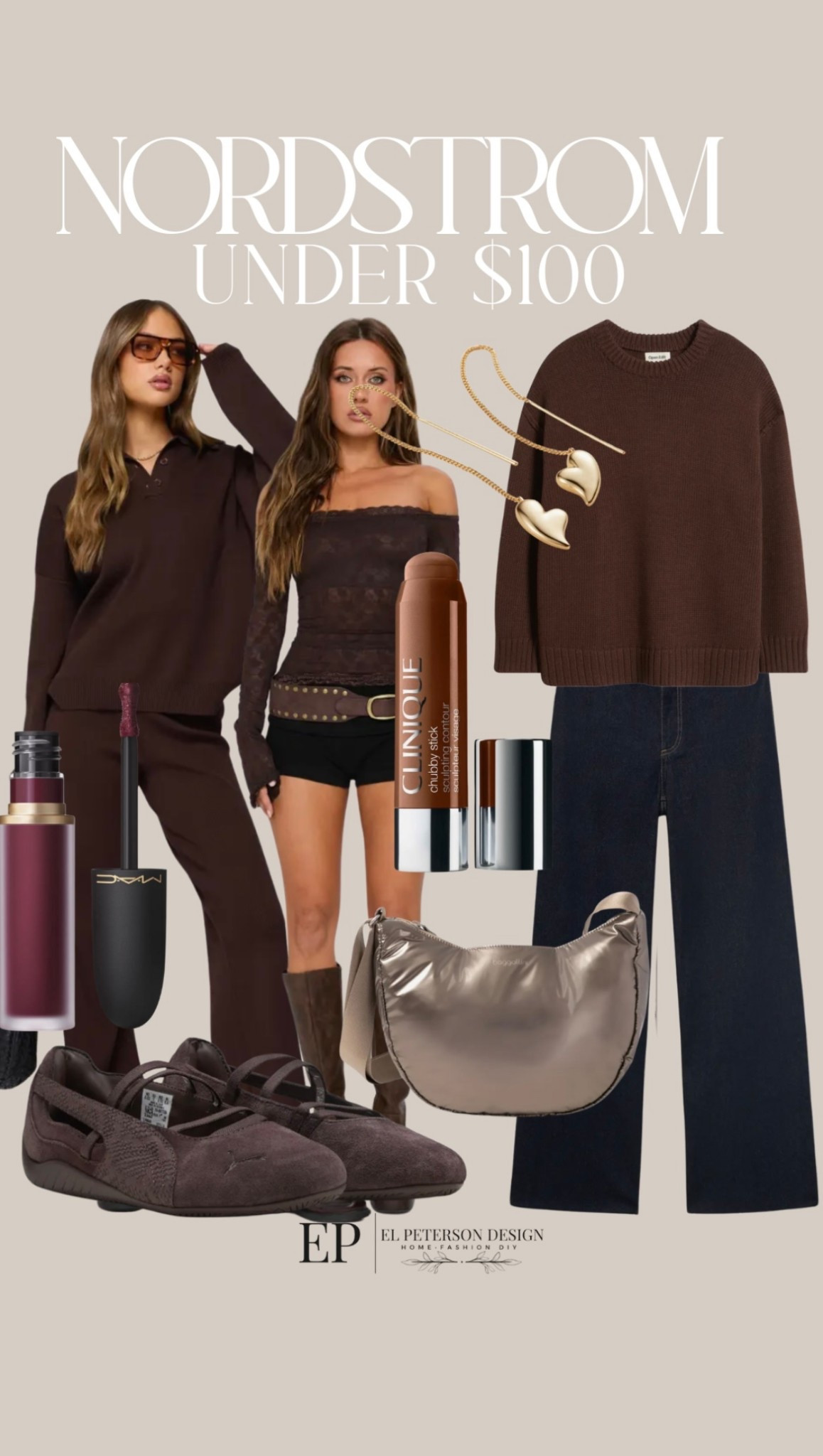 Nordstrom
Jeans
Sweater
Lounge set
Shoes
Lip stick
Purse
Earrings 
Top
