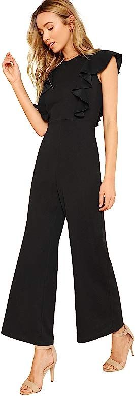 Women's Sexy Casual Sleeveless Ruffle Trim Wide Leg High Waist Long Jumpsuit | Amazon (US)