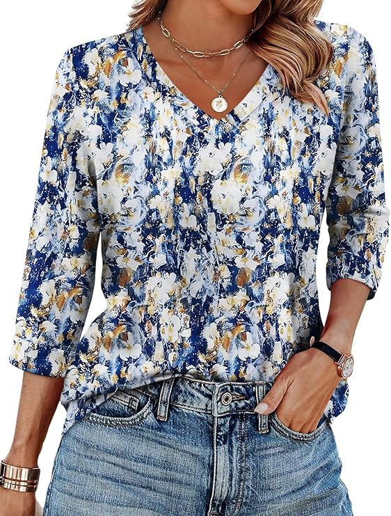 WIHOLL Womens Tops 3/4 Length Sleeve V Neck Casual Tunic Tops Basic Shirts Loose Fit Blouse | Amazon (US)