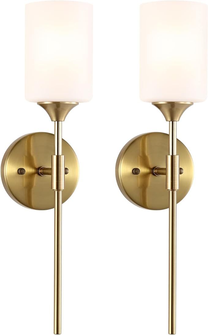 BYOLIIMA Gold Wall Sconce Set of 2 with White Cylinder Glass Shades Modern Mid Century Bathroom V... | Amazon (US)