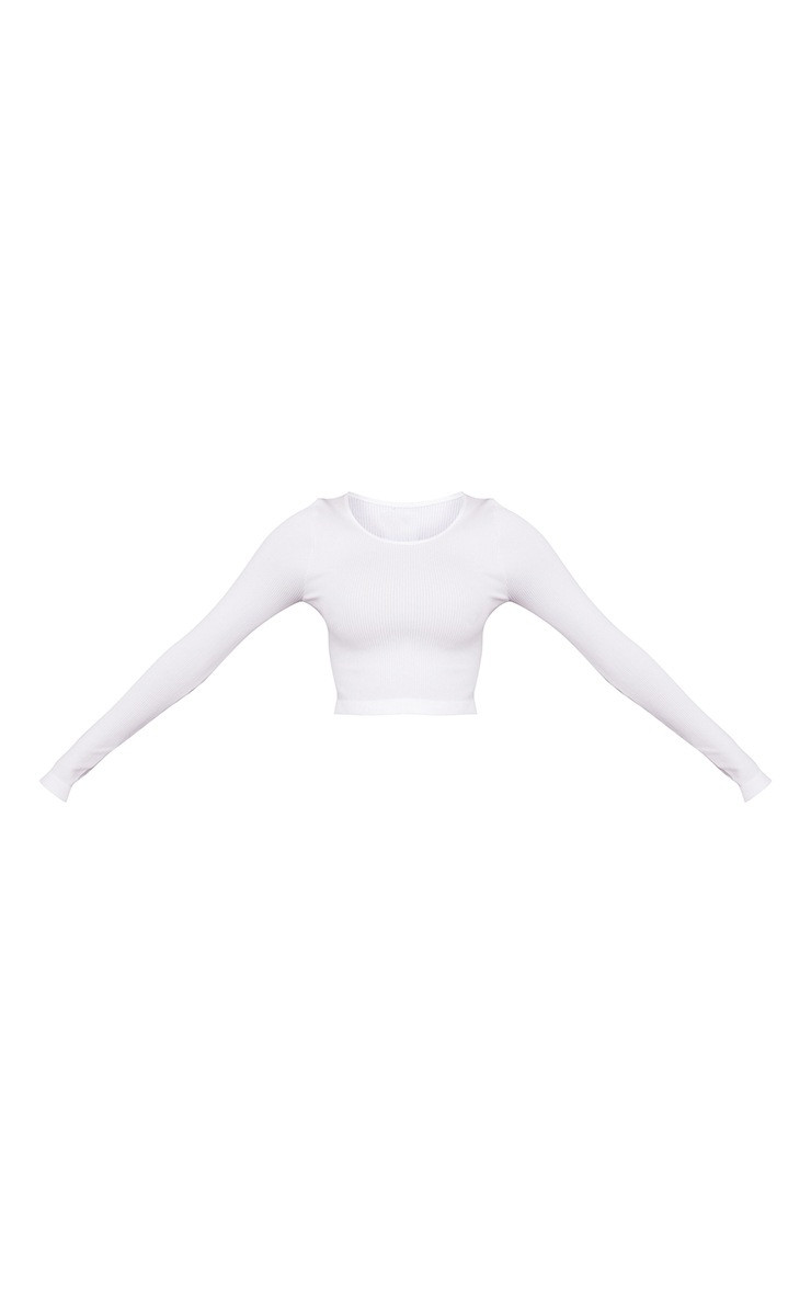 White Structured Snatched Ribbed Round Neck Long Sleeve Crop Top | PrettyLittleThing US
