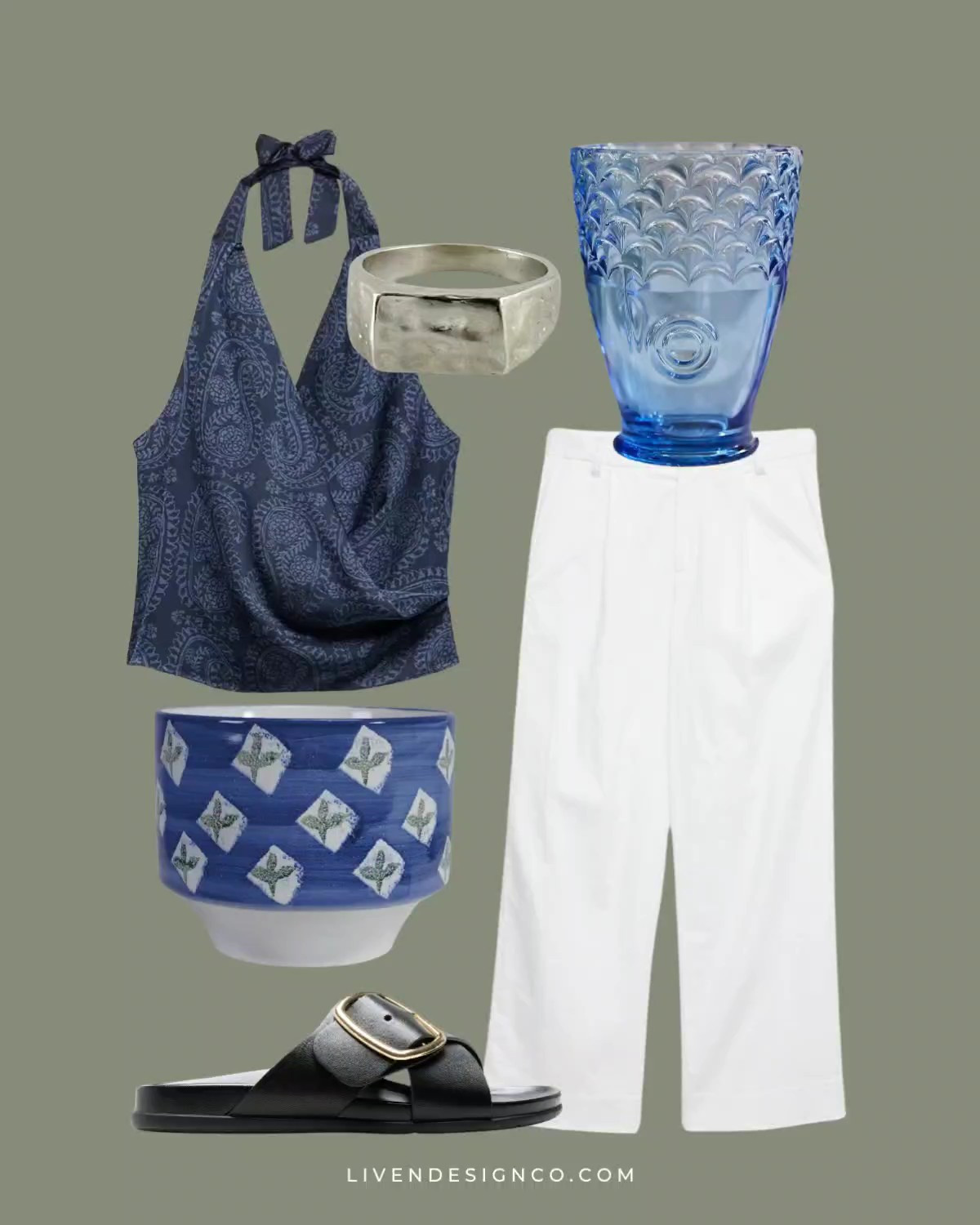 New discoveries. Halter top. Banana Republic. Blue glassware. Linen pants. Wide leg white pants. Planter. Nordstrom. Sandals. Hammered jewelry 

#LTKSeasonal #LTKSaleAlert #LTKHome