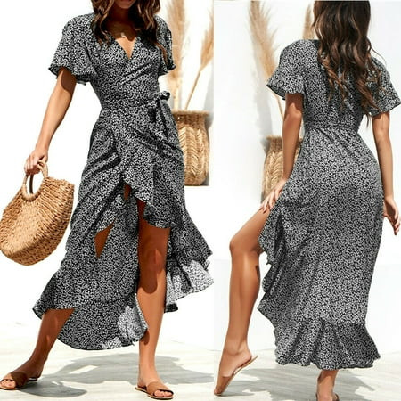 Women Short Sleeve Wrap Boho Floral Maxi Dress Ladies Summer Sundress Holiday | Walmart (US)