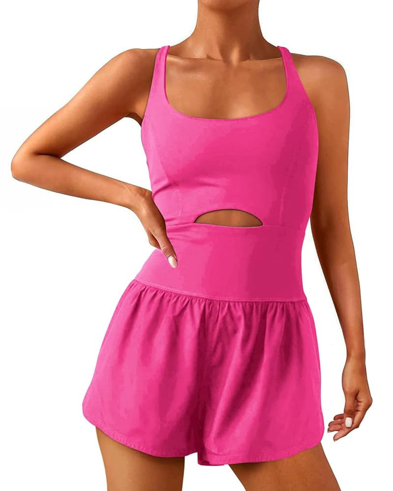 Wenlia Women Workout Romper Onesie with Padded Bras Sleeveless One Piece Outfits Shorts Atheletic... | Amazon (US)