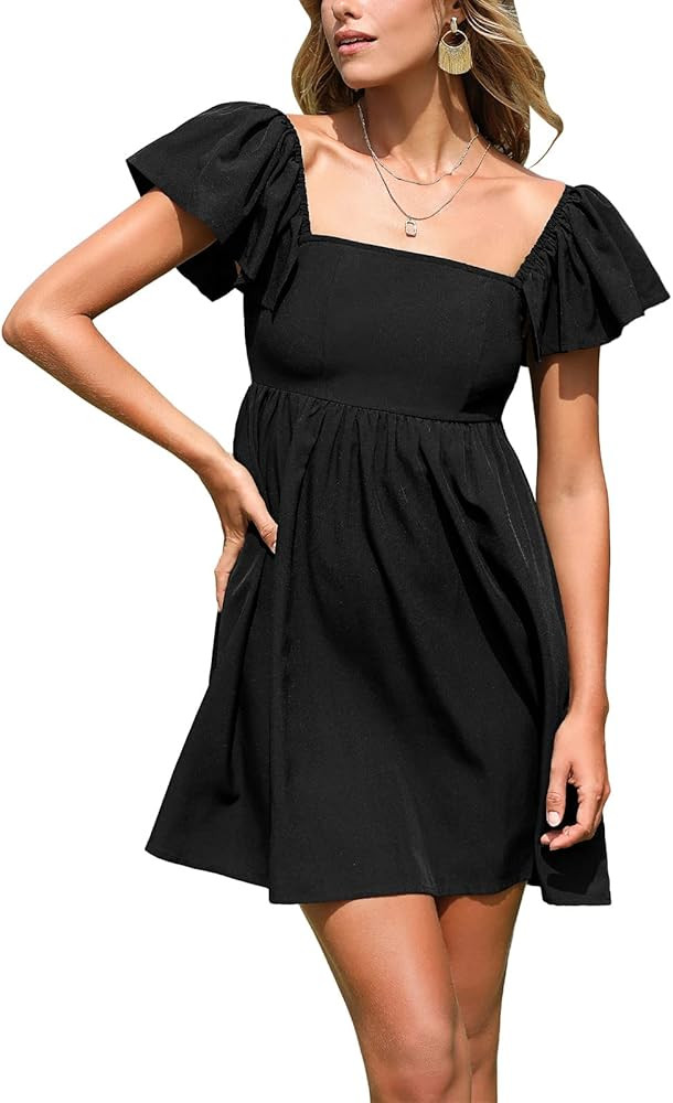 EXLURA Womens Casual Short Sleeve Square Neck Cap Sleeve Dress High Waist A-Line Casual Smocked B... | Amazon (US)