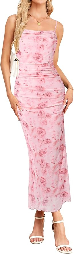 Womens 2026 Summer Floral Spaghetti Strap Bodycon Dresses Ruched Mesh Sexy Cocktail Party Long Dr... | Amazon (US)