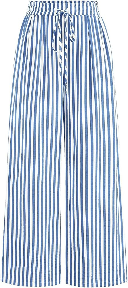 PRETTYGARDEN Womens Pants Elastic Waist Striped Lightweight Palazzo Pant | Amazon (US)
