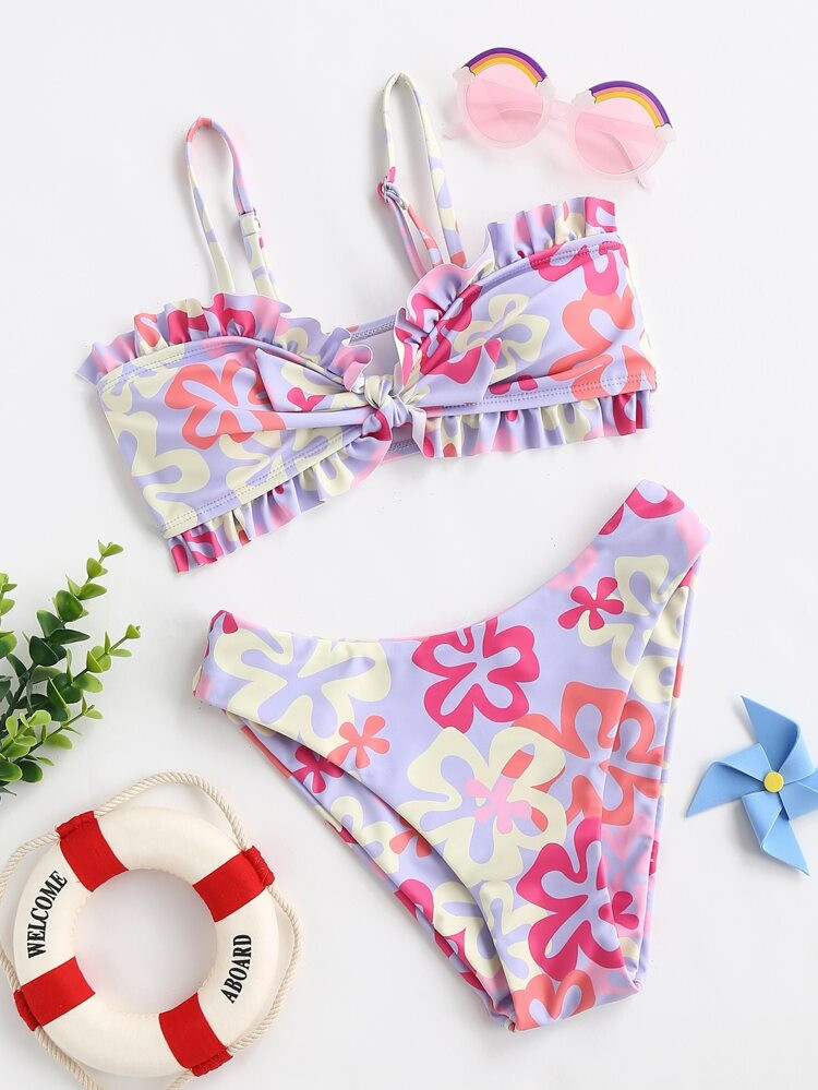 Girls Floral Print Frill Trim Bikini Swimsuit | SHEIN