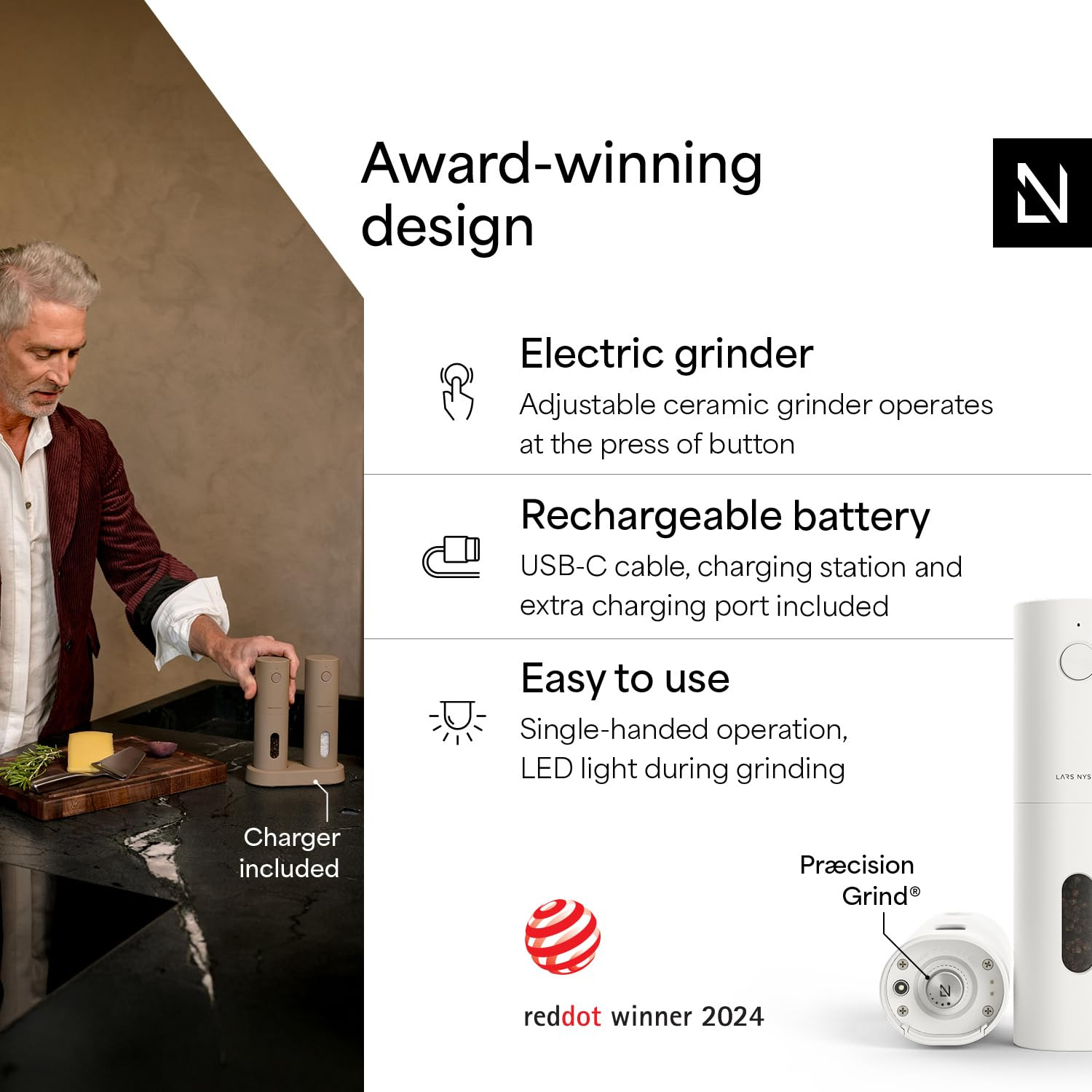 LARS NYSØM Electric Salt and Pepper Grinder Set, USB Rechargeable, Automatic Salt and Pepper Mil... | Amazon (US)