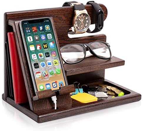Wood Phone Docking Station Ash Key Holder Wallet Stand Watch Organizer Men Husband Wife Anniversa... | Amazon (US)