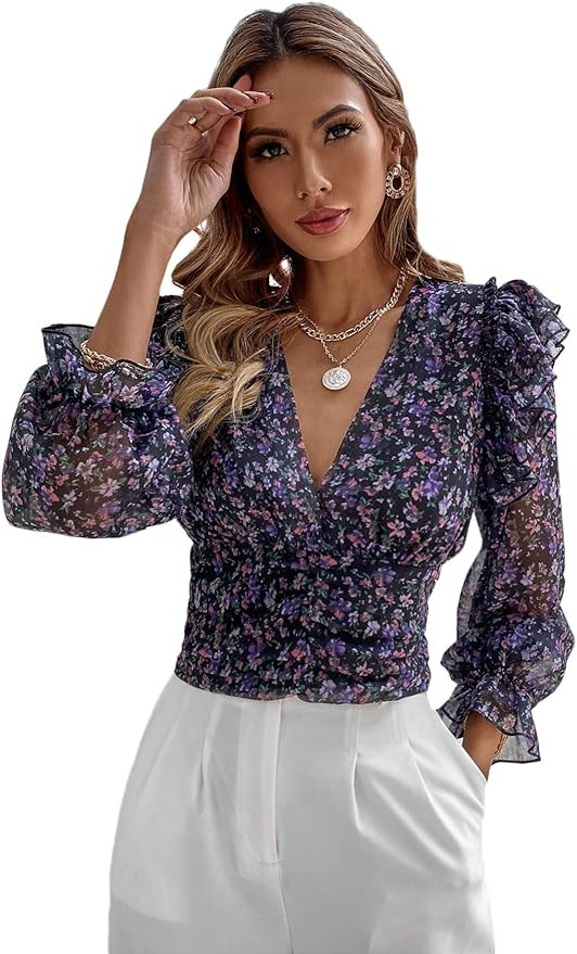 MakeMeChic Women's Floral Print Deep V Neck Ruffle Trim Long Sleeve Chiffon Crop Blouse | Amazon (US)