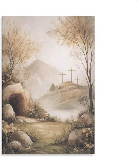 Three Crosses on Calvary Poster, Neutral Christian Wall Art Empty Tomb, Watercolor Easter Landsca... | Amazon (US)