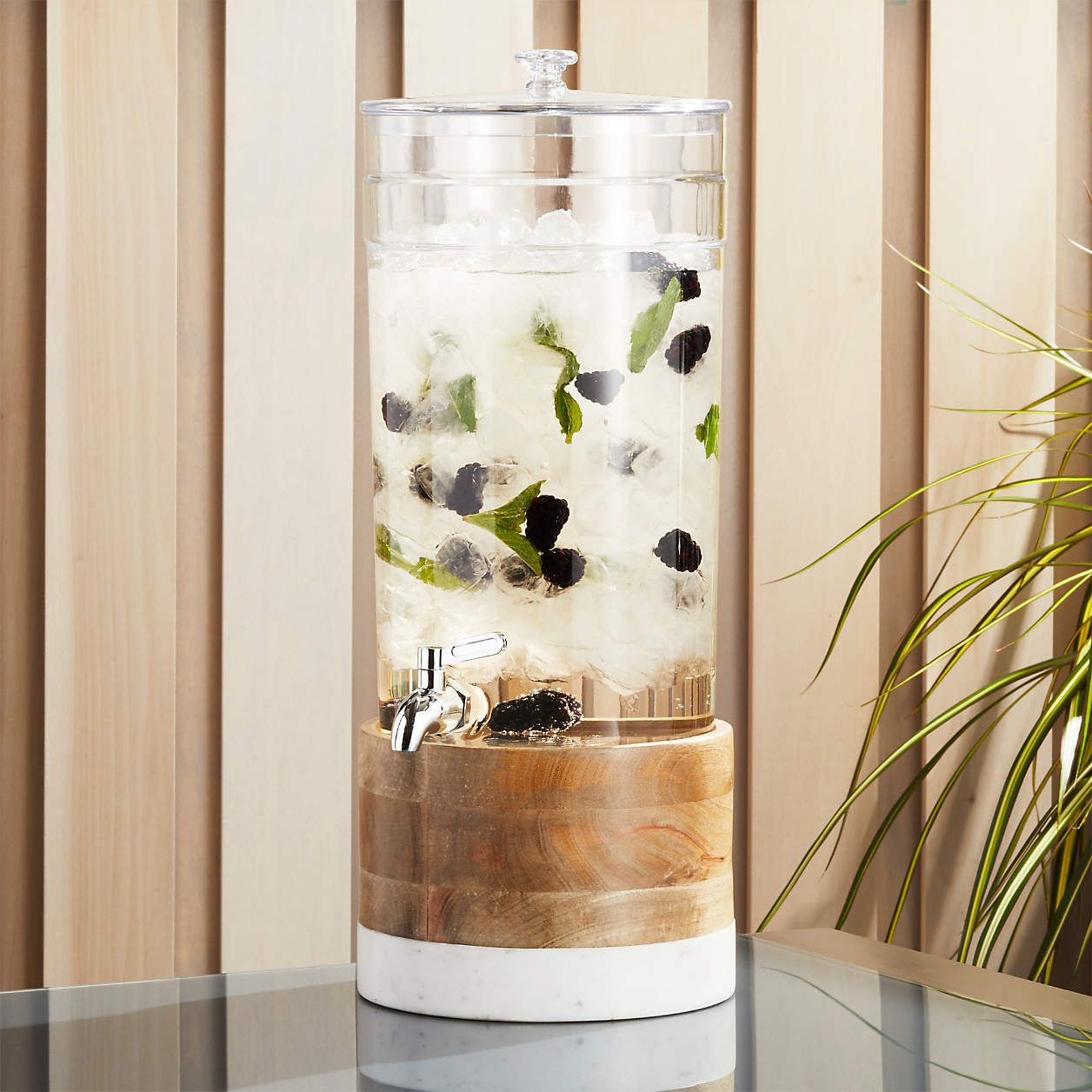 Claro Acrylic Drink Dispenser with Wood and Marble Stand | Crate & Barrel