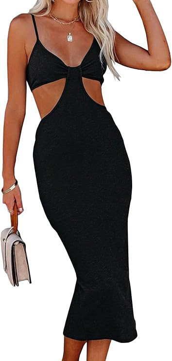miduo Womens Straps Fashion Sexy Cutout Sleeveless Ribbed Knit Party Cocktail Dress Club Midi Dre... | Amazon (US)