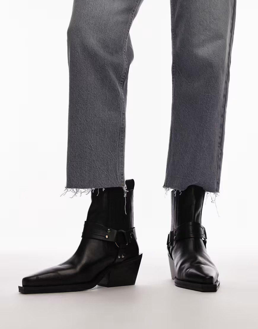Topshop Maxy leather western boots with harness in black | ASOS (Global)