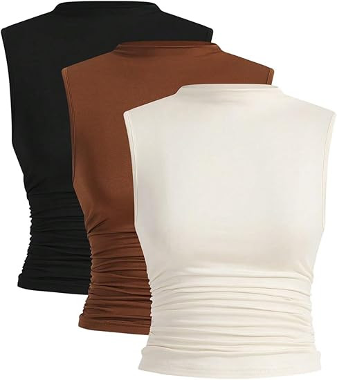 WDIRARA Women's 3 Pack Ruched Mock Neck Tank Top Sleeveless Fitted Tops | Amazon (US)