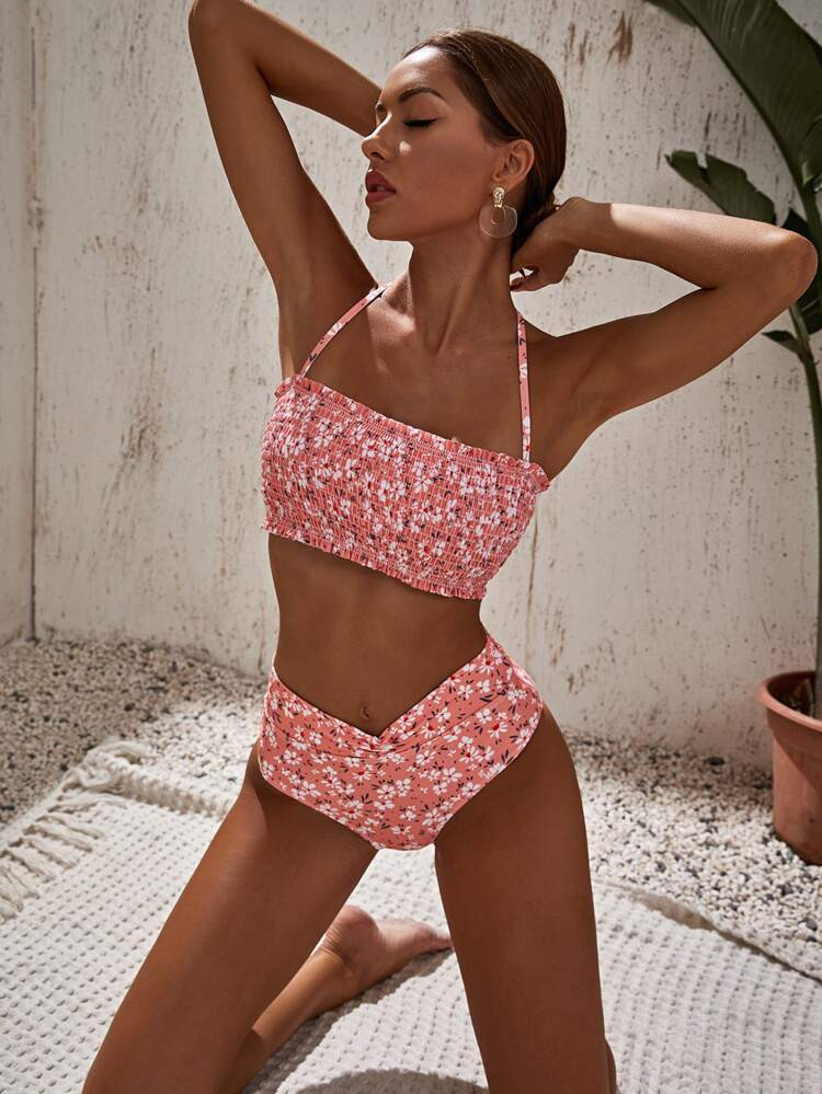 Ditsy Floral Smocked Halter Bikini Swimsuit | SHEIN