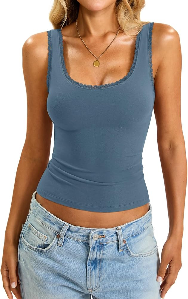 Womens Cotton Lace Trim Tank Tops Slim Fit Scoop Neck Cami Cute Going Out Tops Summer Backless Sl... | Amazon (US)