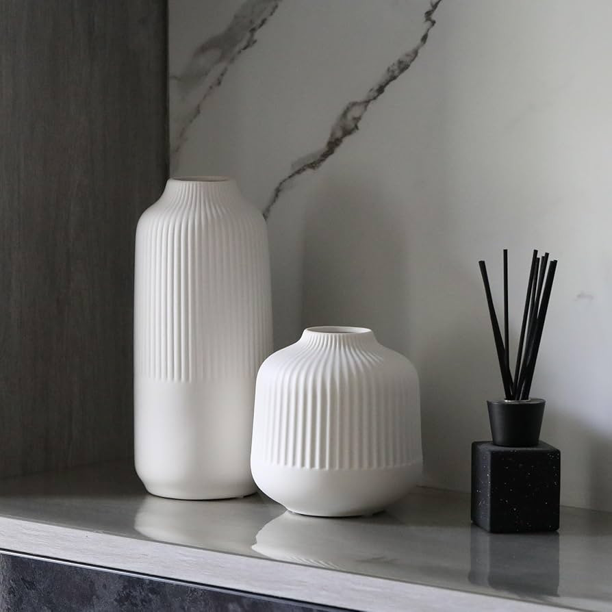 White Ceramic Vase Set of 2, Flower Vases Home Decor, Boho Vase for Pampas Grass, White Vases for... | Amazon (US)